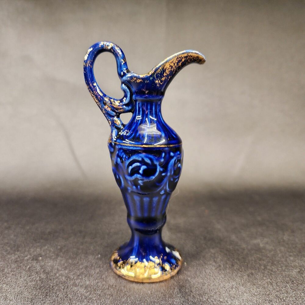 Dark  Blue with Gold accents Miniature Vase 4.5 inches Tall Unmarked